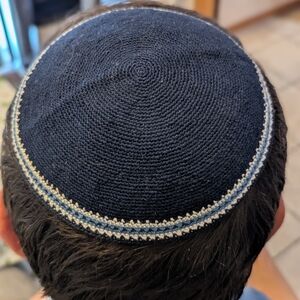 Navy Hand Crafted Kippah with Embroidered White Trim. Jewish. Made In Israel.